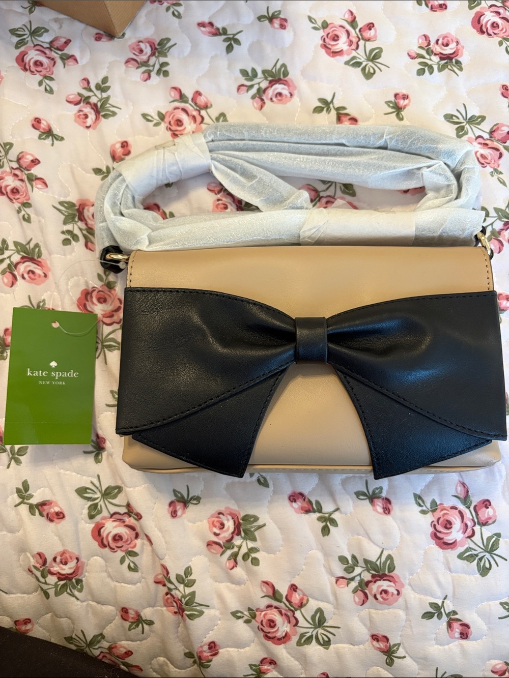 kate spade Beige Crossbody with Black Bow Accent